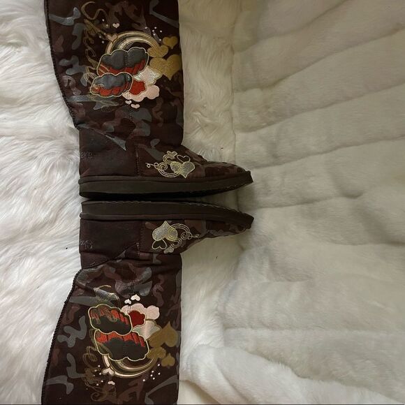 Skechers brown faux suede graphic design faux fur lining calf boots size… - Picture 5 of 12